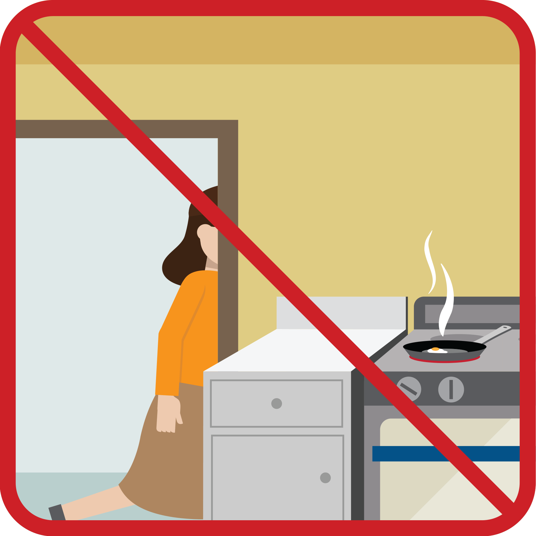 A woman leaving a kitchen while cooking.