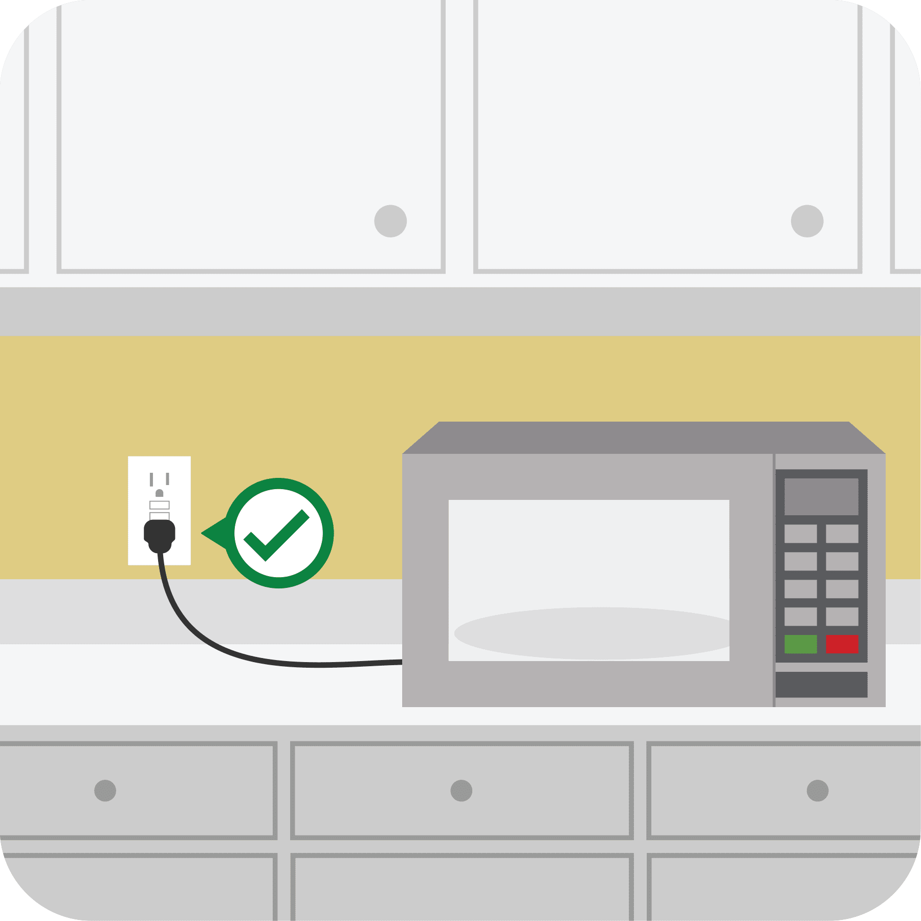 Microwave oven plugged into wall outlet with a green check.